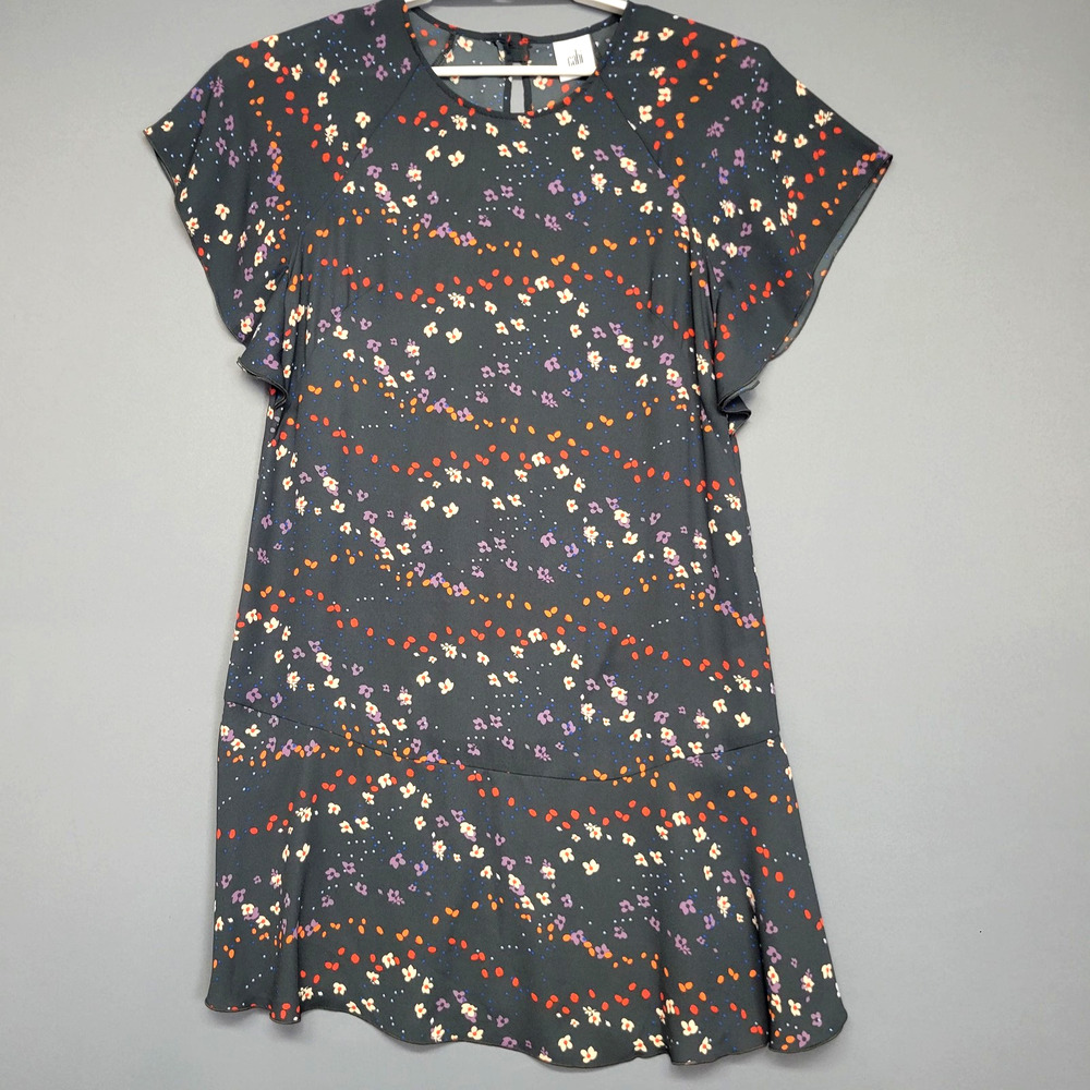 Cabi Dress Womens XS Black Floral Ruffle Hem Short Sleeve #3828 Spring Boho‎